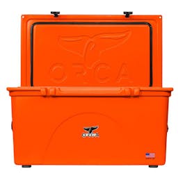 ORCA 140 Quart Cooler Open - Blaze Orange Thumbnail}