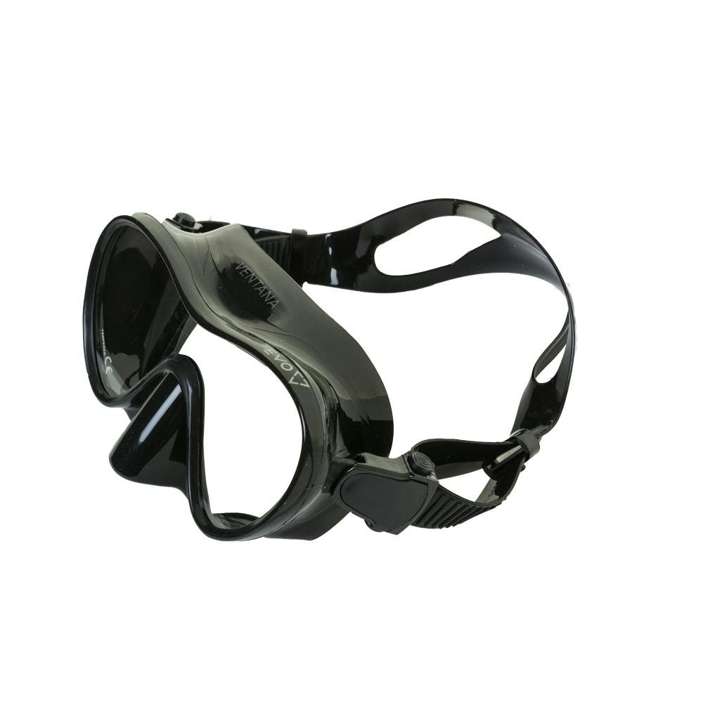 EVO Ventana Mask, Single Lens Overhead Angled View - Black