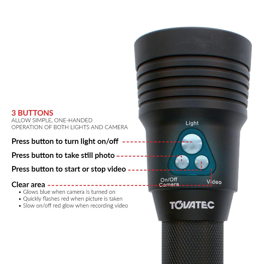 Tovatec MERA Dive Light & Built in Camera Lens Buttons Infographic