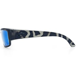 Costa OCEARCH Caballito Polarized Sunglasses Alternate Side View - Tiger Shark frame with Blue Mirror lenses Thumbnail}