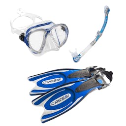 Cressi Multipurpose Snorkel Set with Blue Big Eyes Evolution Mask, Beta Semi-Dry Snorkel, and Frog Plus Fins Thumbnail}