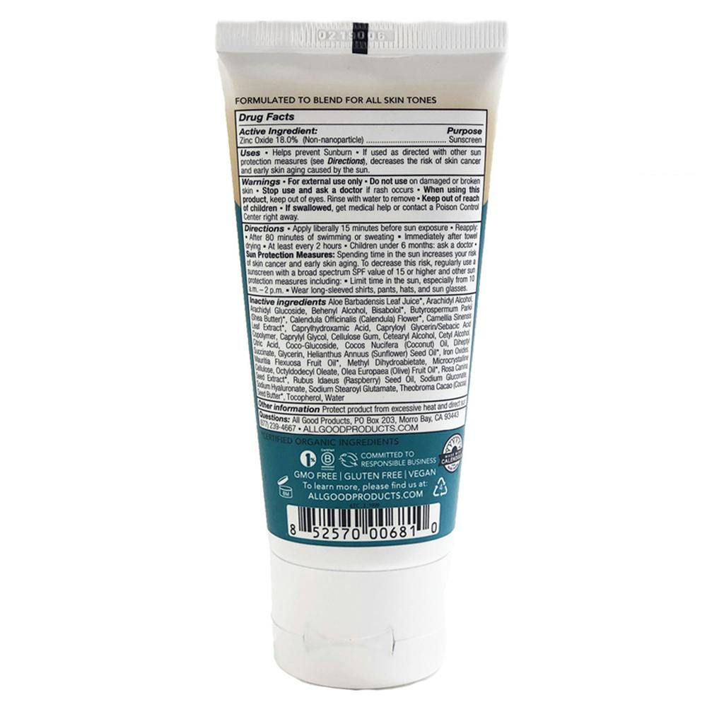 All Good SPF 30 Tinted Mineral Sport Sunscreen Back Label