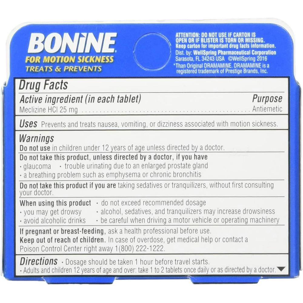 Bonine Motion Sickness Chewable Tablets, Raspberry (8 Tablets) Back Label