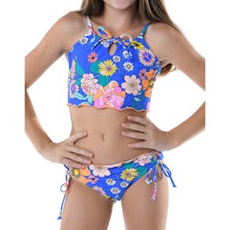 Hobie Midkini with Merrow Edge and Adjustable Hipster Swimsuit Set (Kid’s) Front - Peace, Love, & Daisies Sea Blue Thumbnail}