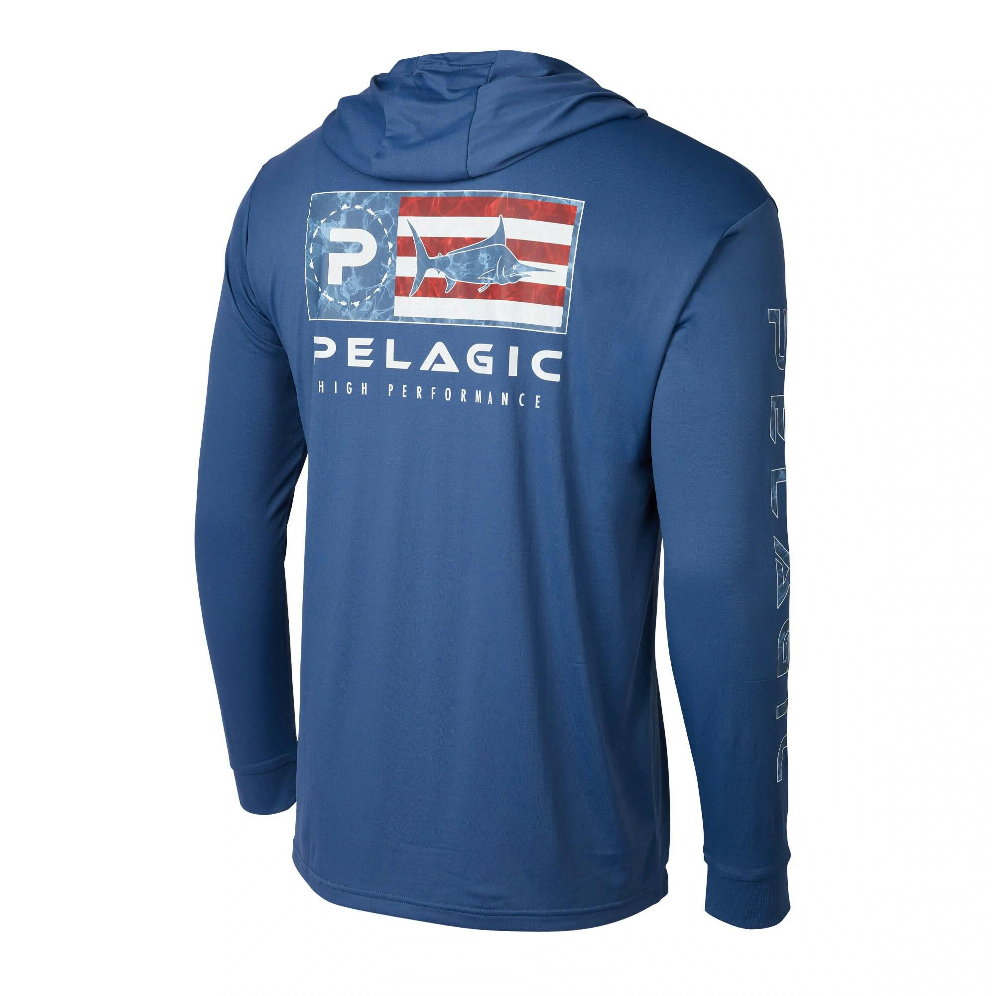 Pelagic Aquatek Icon Hooded Long Sleeve Performance Fishing Shirt Back - Smokey Blue