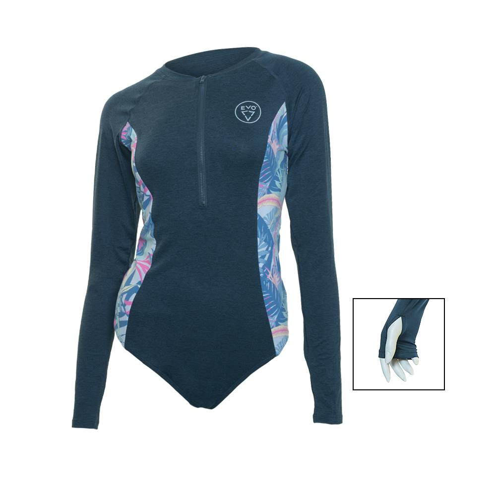 EVO Amalfi Long Sleeve Swimsuit with Thumbhole Detail - Heather Navy