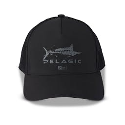 Pelagic Echo Gyotaku Performance Trucker Hat - Black Front View Thumbnail}